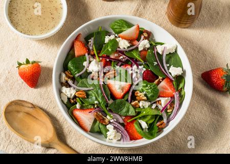 Gesunder hausgemachter Erdbeer-Feta-Spinat-Salat mit Mohndressing Stockfoto