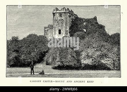 Vintage-Illustration von Cardiff Castle, 1870er, 19. Jahrhundert, einer mittelalterlichen Burg und viktorianischen, im Revival errichteten Herrenhaus im Stadtzentrum von Cardiff, Wales Stockfoto