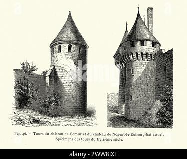 Vintage Mode der Türme der Burg von Semur und der Burg von Nogent-le-Rotrou, mittelalterliche Architektur Stockfoto