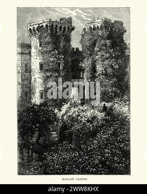 Vintage-Stich der mittelalterlichen Architektur, Türme von Raglan Castle, Monmouthshire, Wales. Raglan Castle (walisisch Castell Rhaglan) ist eine spätmittelalterliche Burg nördlich des Dorfes Raglan in der Grafschaft Monmouthshire im Südosten von Wales. Stockfoto