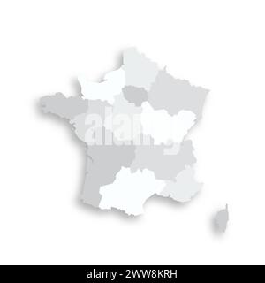 Frankreich politische Karte der Verwaltungsbereiche - Regionen. Graue leere flache Vektorkarte mit fallendem Schatten. Stock Vektor