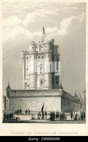 Vintage-Stich aus dem Jahr 1849, der das Chateau de Vincennes zeigt, eine massive französische Königsburg aus dem 14. Und 17. Jahrhundert in der Stadt Vincennes östlich von Paris. Stockfoto