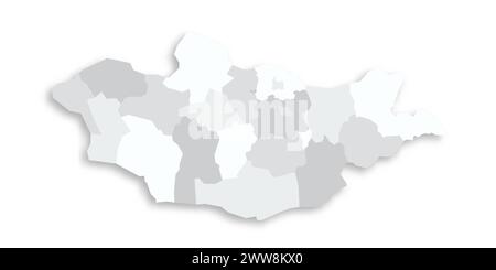 Mongolei politische Karte der Verwaltungseinheiten - Provinzen und Khot Ulaanbaatar. Graue leere flache Vektorkarte mit fallendem Schatten. Stock Vektor