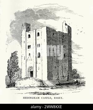 Vintage-Gravur von Hedingham Castle im Dorf Castle Hedingham, Braintree District, Essex, England, ist eine normannische Motte und eine Vorburg mit einem Steinfried. Stockfoto