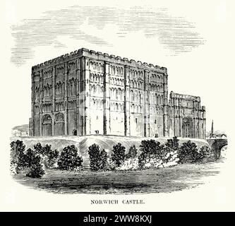 Vintage-Stich von Norwich Castle, einer mittelalterlichen königlichen Festung in der Stadt Norwich, in der englischen Grafschaft Norfolk. Sie wurde nach der normannischen Eroberung Englands gegründet, als Wilhelm der Eroberer (1066–1087) den Bau anordnete Stockfoto