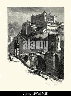 Vintage-Illustration der Brücke von Alcantara (Puente de Alcántara), Toledo, Spanien, 19. Jahrhundert. Die Puente de Alcántara ist eine römische Bogenbrücke in Toledo, Spanien, die den Fluss Tejo überspannt. Stockfoto