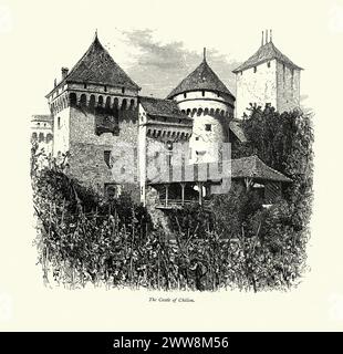 Vintage-Illustration des Schlosses von Chillon, Genfersee, Waadt, Schweiz, 19. Jahrhundert. Chillon Castle ist eine Inselburg am Genfer See, südlich von Veytaux im Kanton Waadt. Es liegt am östlichen Ende des Sees, am schmalen Ufer zwischen Montreux und Villeneuve, das Zugang zum Alpental des Rhône bietet. Stockfoto