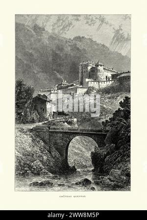 Vintage-Illustration von Chateau Queyras, Frankreich, 19. Jahrhundert Château-Ville-Vieille ist eine Gemeinde im Departement Hautes-Alpes im Südosten Frankreichs. Die Gemeinde befindet sich in Queyras. Die beiden Dörfer der Gemeinde liegen im Guiltal: Ville-Vieille am linken Ufer des Guills und Château-Queyras am rechten Ufer. Stockfoto