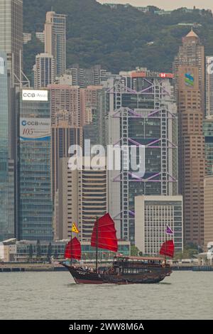 Hongkong, China - 27. April 2017: Traditionelle Junk-Bootstour am Victoria Harbour Spring Day. Stockfoto