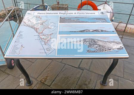 Porto Venere, Italien - 1. Februar 2018: Infos Karte des Naturparks Porto Venere Ligurische Küste Reisen. Stockfoto