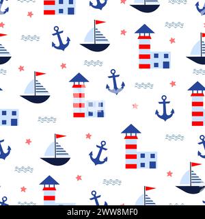 Nahtloses Marinemuster mit Anker, Leuchtturm und Schiff Stock Vektor