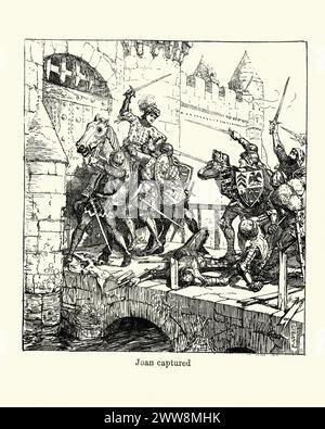 Vintage-Gravur, die eine Szene aus dem Leben von Jeanne d'Arc zeigt. Joan of Arc um 1412 bis 1431, auch als die Maid of Orleans bezeichnet, gilt als Heldin Frankreichs für ihre Rolle während des Hundertjährigen Krieges. Joan of Arc wird gefangen genommen Stockfoto