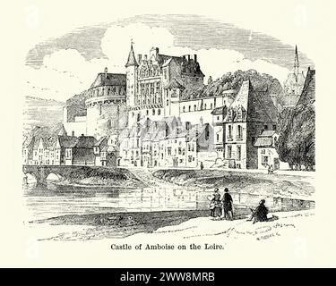 Vintage-Stich des Chateau d'Amboise an der Loire. Das königliche Schloss Amboise ist ein Schloss in Amboise im Departement Indre-et-Loire des Loire-Tals in Frankreich. 1884 Stockfoto