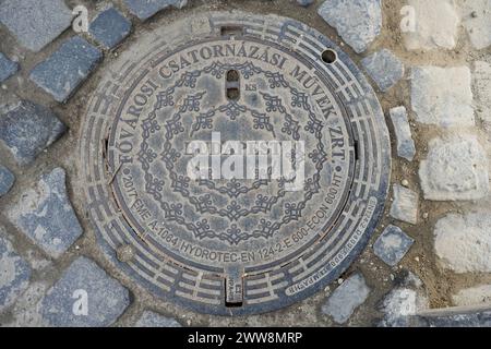 Einschubdeckel aus Eisen mit Budapester Dekoration. Stockfoto