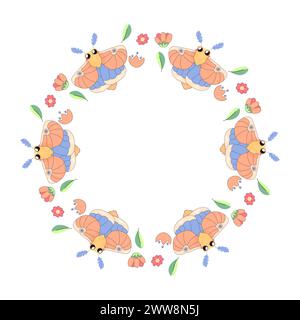 Gratulationsrahmen, mit Blumen, Pflanzen und Ahornmotten, Schmetterlingsinsekten. Auf weiß Stock Vektor