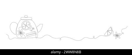 Linearer heißer, würziger Tee im Topf-Vektor-Banner. Poster mit einfachen Elementen für Kochbuch und Menü. Stock Vektor