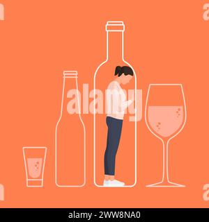 Verzweifelte depressive Frau in einer Flasche gefangen: Alkoholsucht-Konzept Stock Vektor