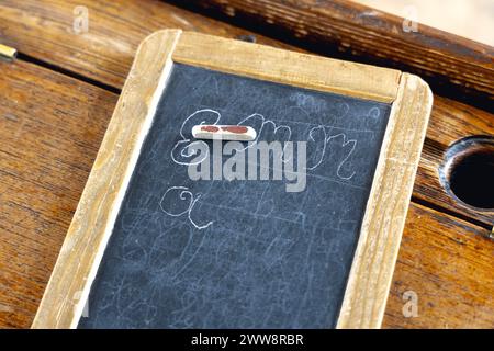 Kleine Tafel auf einem Schreibtisch im Klassenzimmer der viktorianischen Zeit im Ragged School Museum, East London, England Stockfoto