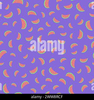 Muster mit Wassermelonenscheiben auf violettem Hintergrund. Stock Vektor