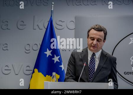 Der kosovarische Premierminister Albin Kurti legte am Freitag, den 22. März 2024, einen Dreijahresbericht über seine Regierung in Prishtina, Kosovo, vor. (VX Photo/Vudi Xhymshiti) Stockfoto