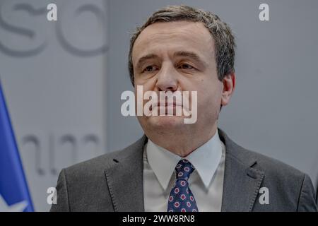 Der kosovarische Premierminister Albin Kurti legte am Freitag, den 22. März 2024, einen Dreijahresbericht über seine Regierung in Prishtina, Kosovo, vor. (VX Photo/Vudi Xhymshiti) Stockfoto