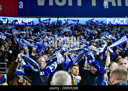 Cardiff, Wales. 21. März 2024. Finnland Fans vor dem Halbfinale der UEFA EURO 2024 zwischen Wales und Finnland im Cardiff City Stadium in Cardiff, Wales, Großbritannien am 21. März 2024. Quelle: Duncan Thomas/Majestic Media. Stockfoto