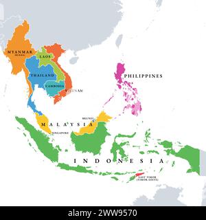 Südostasiatische Länder, politische Karte. Geografische Region Asiens, begrenzt durch Ost- und Südasien, Ozeanien, Pazifik und Australien. Stockfoto