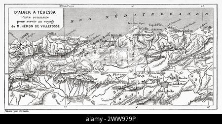 Karte für die Reise nach Tebessa. Provinz Oran, Algerien. Afrika. Zeichnung von Erhard, Tébessa und seine Denkmäler von Antoine Héron de Villefosse (1845 - 1919) Le Tour du Monde 1880 Stockfoto