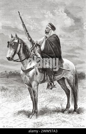 Spahi waren leichte Kavallerie-Regimenter der französischen Armee, die vor allem aus den arabischen und Berberbewohnern Algeriens, Tebessa, rekrutiert wurden. Provinz Oran, Algerien. Afrika. Zeichnung von H. Charles, Tébessa und seine Denkmäler von Antoine Héron de Villefosse (1845 - 1919) Le Tour du Monde 1880 Stockfoto