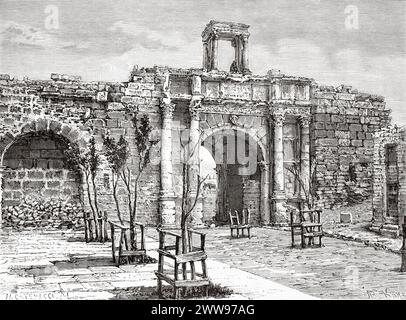 Der Arch of Caracalla, römischer Triumphbogen aus Tetrapylon in Tebessa. Provinz Oran, Algerien. Afrika. Zeichnung von H. Catenacci. Tébessa und seine Denkmäler von Antoine Héron de Villefosse (1845 - 1919) Le Tour du Monde 1880 Stockfoto