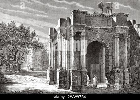 Der vierseitige Triumphbogen wurde 214 während der Herrschaft von Caracalla in Tebessa errichtet. Provinz Oran, Algerien. Afrika. Zeichnung von Georges Moynet (1849 - 1908) Tébessa und seine Denkmäler von Antoine Héron de Villefosse (1845 - 1919) Le Tour du Monde 1880 Stockfoto