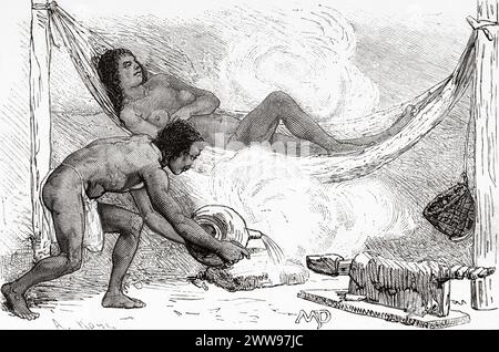 Dampfbad für eine gebürtige Frau der Wayana-Indianer, Französisch-Guayana, Südamerika. Zeichnung von D. Maillart. Von Cayenne in die Anden (1878-1879) von Jules Crevaux (1847-1882) Le Tour du Monde 1880 Stockfoto