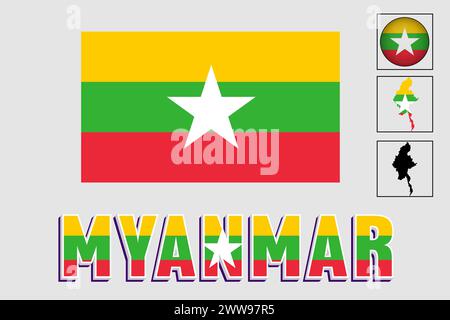 Myanmar-Flagge und Karte in einer Vektorgrafik Stock Vektor