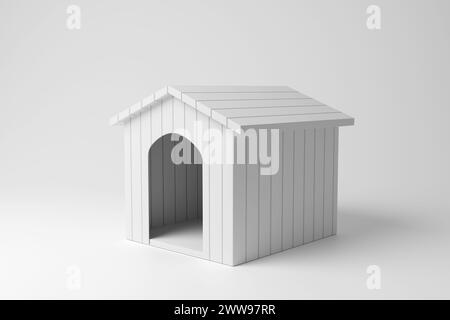 Weißes hölzernes Hundehaus auf weißem Hintergrund in Monochrom und Minimalismus. Illustration des Konzepts von bequemen und Outdoor-Plätzen für Haustiere Stockfoto