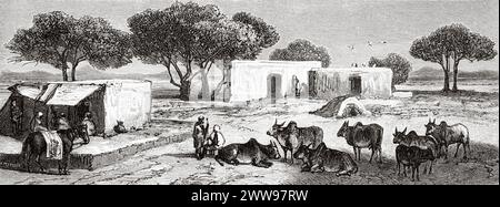 Häuser auf der Straße von Attock nach Rawalpindi, Punjab, Pakistan. Reisen Sie nach Nordindien. Ausflug nach Attock am Indus. Zeichnungen und Texte von Evremond de Berard (1824–1881) Le Tour du Monde 1880 Stockfoto