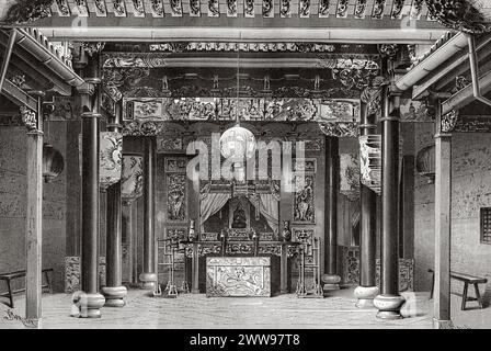 Innenraum eines chinesischen Tempels in Alahan Panjang, Sumatra Island. Indonesien. Zeichnung von Barclay. Auf der anderen Seite der Insel Sumatra 1877 von Daniel David Veth (1850 - 1885) Le Tour du Monde 1880 Stockfoto