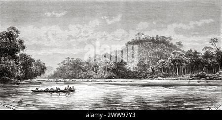 Der Batang Hari River in Jambi, Sumatra Island. Indonesien. Zeichnung von Theodore Alexander Weber (1838–1907) über die Insel Sumatra 1877 von Daniel David Veth (1850–1885) Le Tour du Monde 1880 Stockfoto