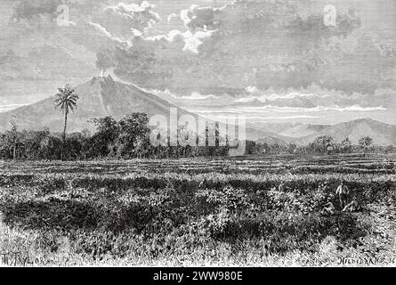 Der Mount Kerinci ist ein aktiver Stratovulkan und der höchste Berg in Sumatra mit 12.484 ft (3.805 m) über dem Meeresspiegel. Er bietet Sumatra die fünfthöchste maximale Höhe aller Inseln der Welt, Sumatra Island. Indonesien. Zeichnung von Taylor. Auf der anderen Seite der Insel Sumatra 1877 von Daniel David Veth (1850 - 1885) Le Tour du Monde 1880 Stockfoto