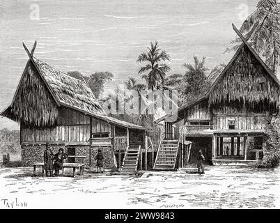 Traditionelle Häuser in Soeroelangoen, Rawas Bezirk, Sumatra Island. Indonesien. Zeichnung von Taylor. Auf der anderen Seite der Insel Sumatra 1877 von Daniel David Veth (1850 - 1885) Le Tour du Monde 1880 Stockfoto