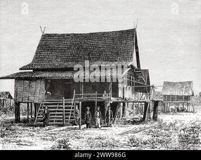 Die Residenz des Sultans von Jambi in Doesoen Tengah auf Sumatra Island. Indonesien. Zeichnung von Taylor. Auf der anderen Seite der Insel Sumatra 1877 von Daniel David Veth (1850 - 1885) Le Tour du Monde 1880 Stockfoto