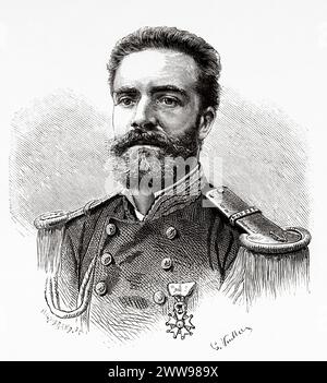 Portrait of Armand Reclus (1843–1927) war ein Marineingenieur und Offizier der französischen Marine, Entdecker der Region Darién und einer der Väter des Panamakanalprojekts in der Republik Panama. Zentralamerika. Zeichnung von Gaston Vuillier (1845–1915) Erkundung des Isthmus von Panama und der Region Darien von Armand Reclus (1843–1927) Le Tour du Monde 1880 Stockfoto