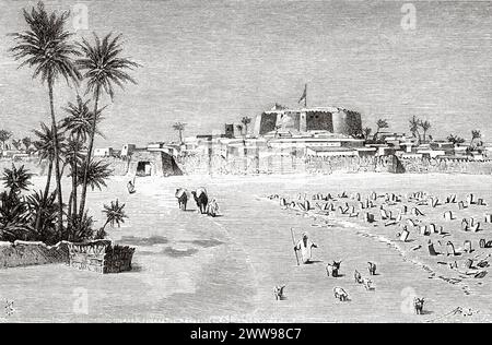 Murzuk, Oasenstadt und Hauptstadt des Bezirks Murzuq in der Region Fezzan im Südwesten Libyens, Sahara-Wüste. Afrika. Zeichnung von Ivan Pranishnikoff (1841–1909) zwei Monate in Tibesti, Episoden von Reisen in Afrika 1869-1873 von Dr. Gustav Hermann Nachtigal (1834–1885) Le Tour du Monde 1880 Stockfoto