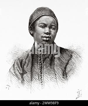 Altes Portait eines Jungen aus Gamergon, Zentralafrika. Zeichnung von Ivan Pranishnikoff (1841 - 1909) Reise von Borno nach Baguirmi 1872 von Dr. Gustav Hermann Nachtigal (1834 - 1885) Le Tour du Monde 1880 Stockfoto