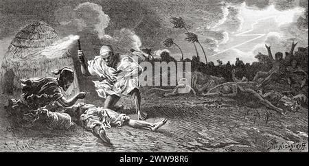 Der Doktor Gustav Hermann behandelt die Verwundeten, Tschad. Zentralafrika. Zeichnung von Ivan Pranishnikoff (1841 - 1909) Reise von Borno nach Baguirmi 1872 von Dr. Gustav Hermann Nachtigal (1834 - 1885) Le Tour du Monde 1880 Stockfoto
