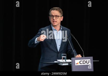 Berlin, Deutschland. März 2024. Carsten Linnemann, CDU-Generalsekretär, wird bei der Veranstaltung sprechen. Deutschland sicher in die Zukunft führen", formuliert die CDU ihre Grundwerte und Ideen, um sich als Partei zu erneuern. Das neue Grundprogramm wird schließlich auf der Bundesparteikonferenz vom 6. Bis 8. Mai verabschiedet. Quelle: Hannes P Albert/dpa/Alamy Live News Stockfoto