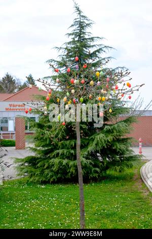 Traditionelle ungarische ostertradition farbenfrohe dekorative Eier hängen an kleinen Bäumen zala Komitat ungarn Stockfoto