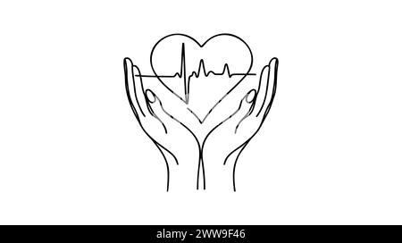 Logo-Symbol für durchgehende, einzeilige Zeichnung des Herzpulses in den Händen. Schwarzweiß. Herzschlag allein, Kardiogramm. Stock Vektor