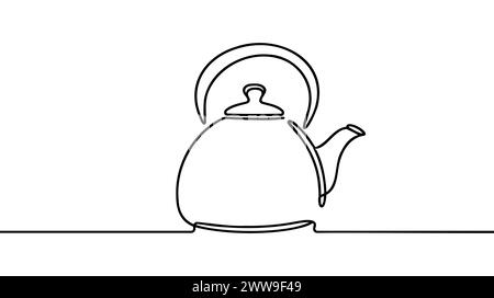 Einfacher Wasserkocher mit durchgehender Linienzeichnung und Griff. Campingausrüstung. Gaskocher. Campingkocher. Küchenutensilien aus Metall für Tee. Eine lin Stock Vektor