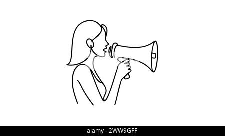 Ein durchgängiges, einmaliges, gezeichnetes Megaphon, Frau, Leute, Ankündigung, Geschäft, verweisen, Freund . Isoliertes Bild, handgezeichnet, kontinuierliches Bild Stock Vektor