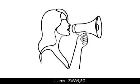 Ein durchgängiges, einmaliges, gezeichnetes Megaphon, Frau, Leute, Ankündigung, Geschäft, verweisen, Freund . Isoliertes Bild, handgezeichnet, kontinuierliches Bild Stock Vektor